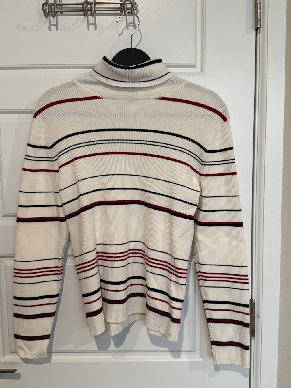 Charter Club Cream Turtleneck Sweater with Navy and Burgundy Stripes
